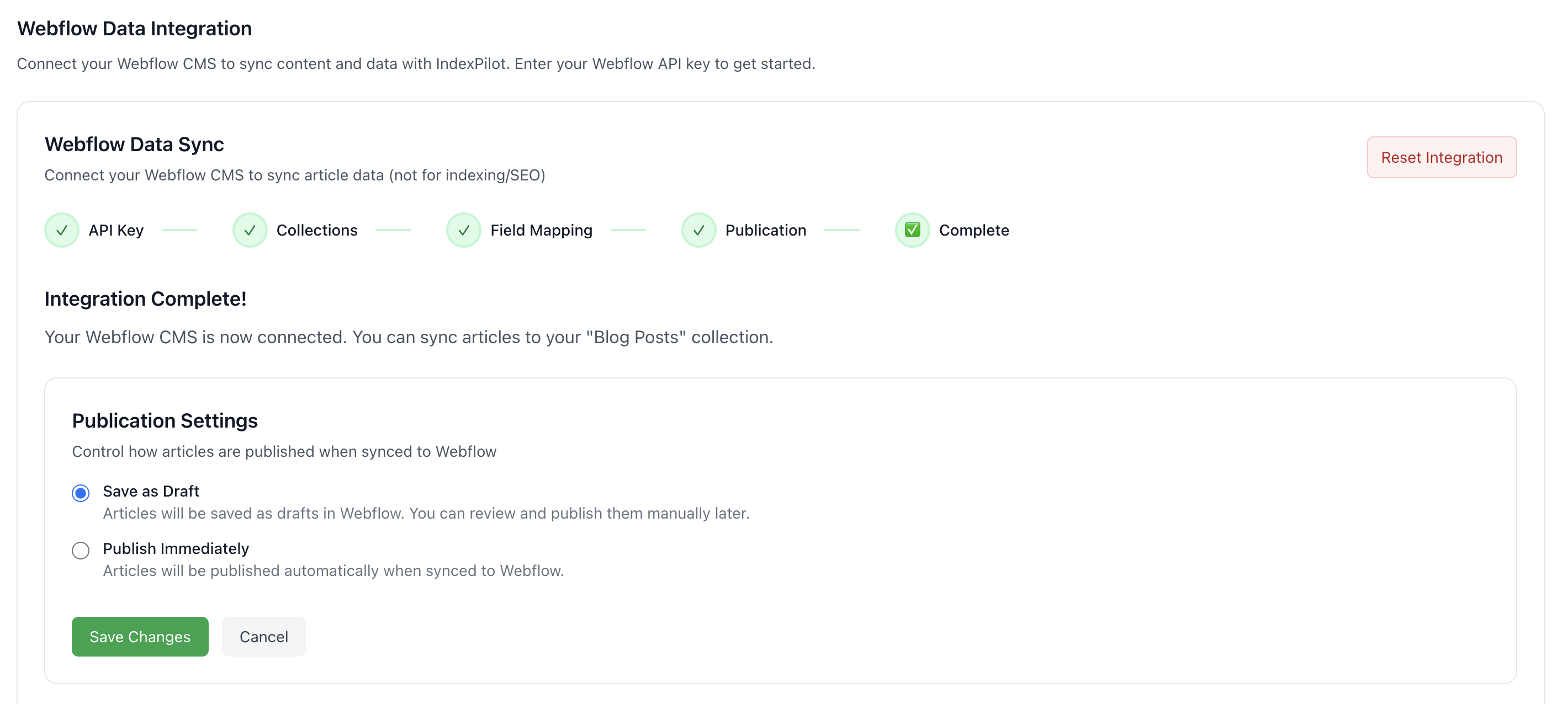 Webflow Publication Settings